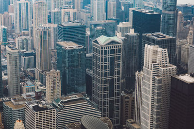 High angle view of modern buildings in city