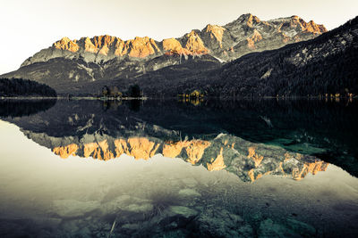 Scenic view of lake and mountains against sky