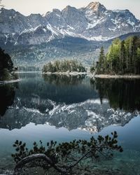 Scenic view of lake and snowcapped mountains against sky
